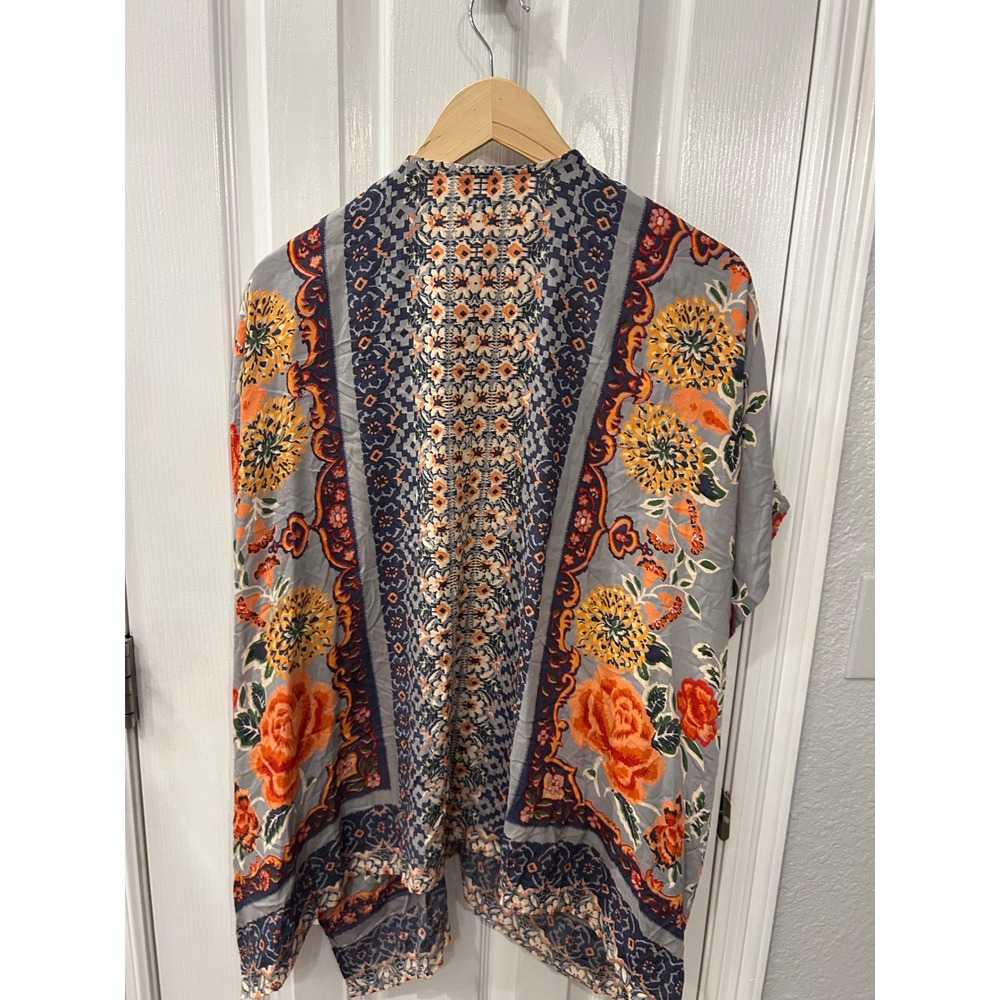 Angie Kimono Cardigan Grey Orange Floral Boho Rayon Open Front Cover Up Wrap